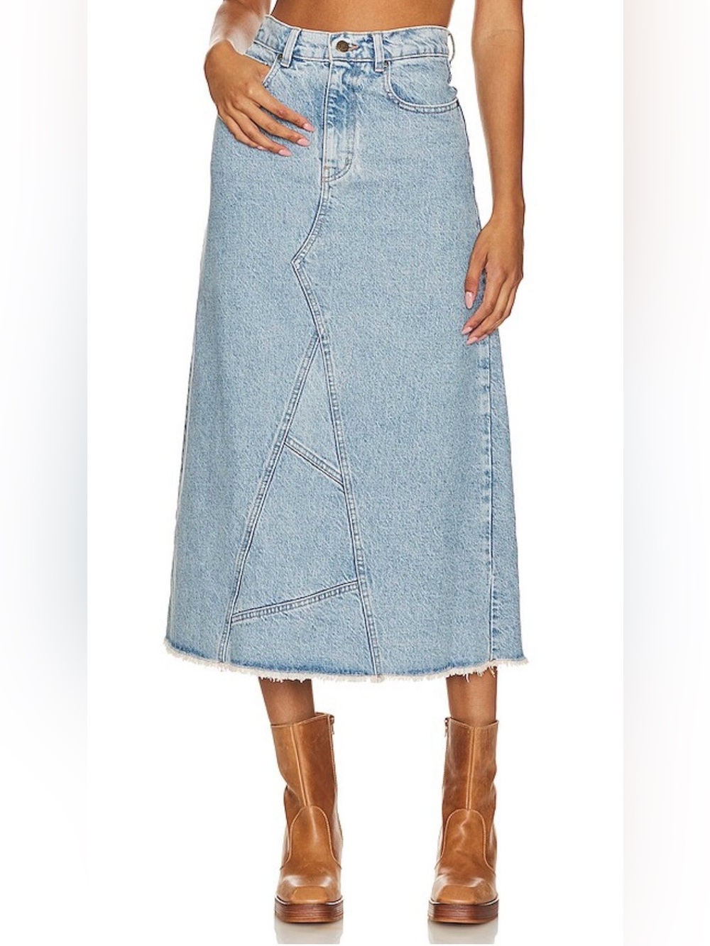 Revolve SPELL Eve Denim Maxi Skirt Size XS Sun Washed Blue Boho Hippie Western